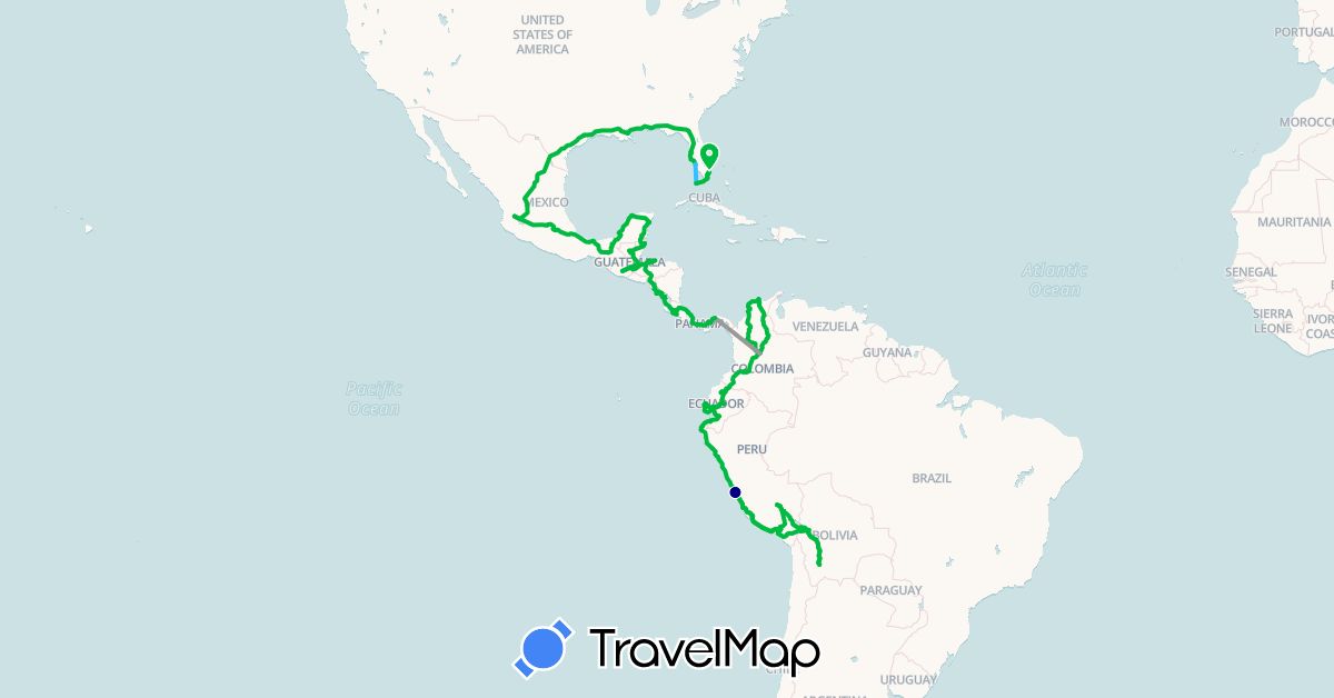 TravelMap itinerary: driving, bus, plane, boat in Bolivia, Belize, Colombia, Costa Rica, Ecuador, Guatemala, Honduras, Mexico, Nicaragua, Panama, Peru, United States (North America, South America)